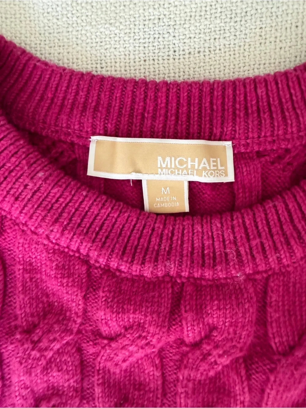 Michael Kors Fuchsia Cable-Knit Crew Sweater with Gold Shoulder Buttons